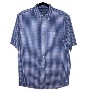 Orvis Mens Medium Blue Orange Gingham Classic Fit Short Sleeve Button Down Shirt